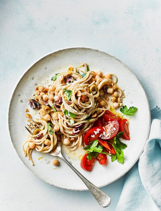 Tahini & Olive Spaghetti with Tomato Salad